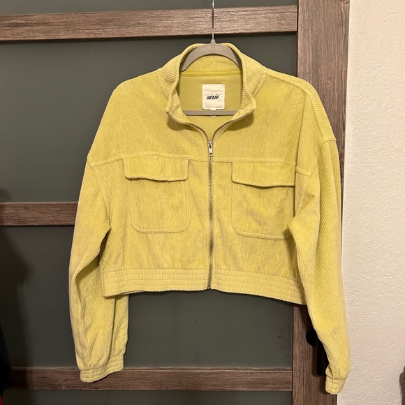 Aerie | Cropped Jacket | Lime Green Ribbed Cotton Corduroy Zip Close-Large - Picture 1 of 5